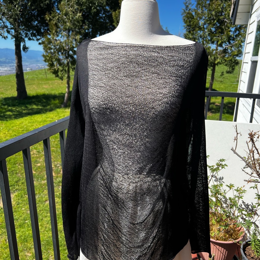 NEW NWT Eileen Fisher M Black Paneled Sheer Rayon + Nylon Gauze Knit Top